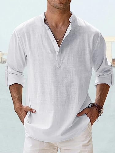 SISXIULYN Hombre Camisa de Lino Manga Larga Botónes Camisas Color Sólido Verano Beach Shirt Classic Business Casual Shirt (3XL, Blanco)