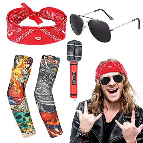 Skylety 5 Paquetes de Accesorios de Disfraz de Rocker de Los 70 80 90 con Gafas de Sol, Guitarra Hinchable, Mangas de Tatuajes de Brazo, Pañuelo de Cabeza para Adultos (Estilo de Micrófono)