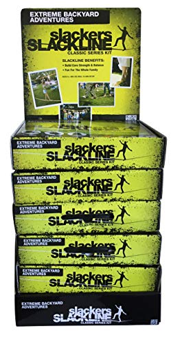 Slackers USA Slackline Classic 15m, con Línea de Enseñanza Adicional, Pasamanos para Facilitar el Aprendizaje, Protección con Trinquete, Bolsa, Ideal para Niños y Familias, 980010
