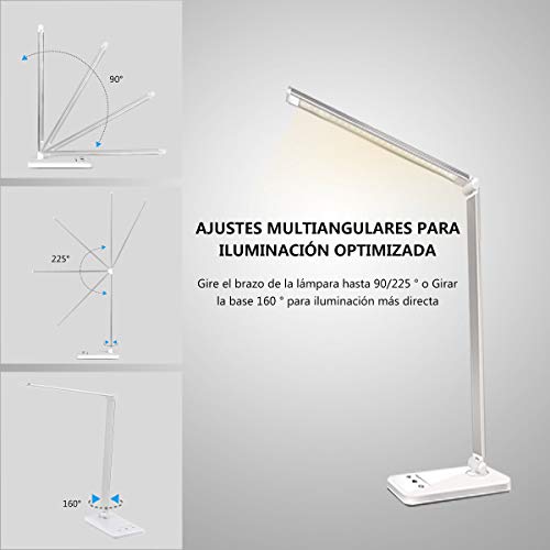 SLATOR Lámpara Escritorio LED, Flexo de Escritorio (Cuidado Ocular, Puerto USB, 5 Modos,10 Niveles de Brillo,Temporizador de 30/60min, Función de Memoria)