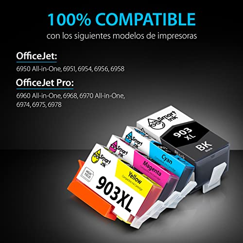 Smart Ink Reemplazo Compatible del Cartucho de Tinta para HP 903 XL 903XL High Yield 4 Pack (Black XL & C/M/Y) con tecnología de Chip avanzado Cartuchos para HP OfficeJet Pro 6950 6960 6970 Impresora
