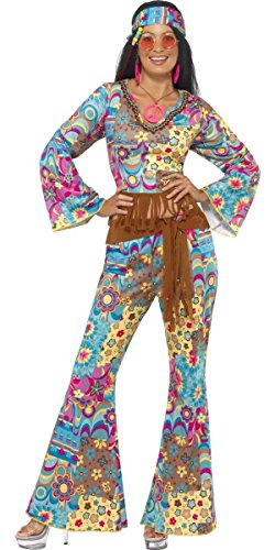 Smiffys , disfraz de hippie Flower Power para mujer, top, pantalones, diadema y cinturón, talla S (36 - 38), 39493