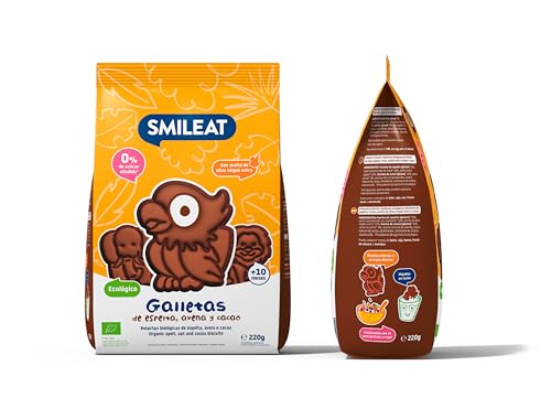 Smileat | Galletas Ecológicas de Cacao, Avena y Espelta | Para Bebés desde 10 Meses | Horneadas con Ingredientes Naturales | Snack o Merienda Sana | Sin Aceite de Palma | 220g