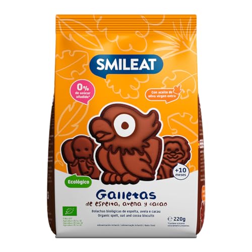 Smileat | Galletas Ecológicas de Cacao, Avena y Espelta | Para Bebés desde 10 Meses | Horneadas con Ingredientes Naturales | Snack o Merienda Sana | Sin Aceite de Palma | 220g