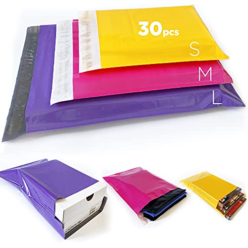 Sobres bolsas de plástico de envío de colores, embalaje paquete Vinted para ropa, libro, caja de zapatos, Sellado automático (32X45 25X35 20X30, púrpura rosa amarillo, 30pcs)