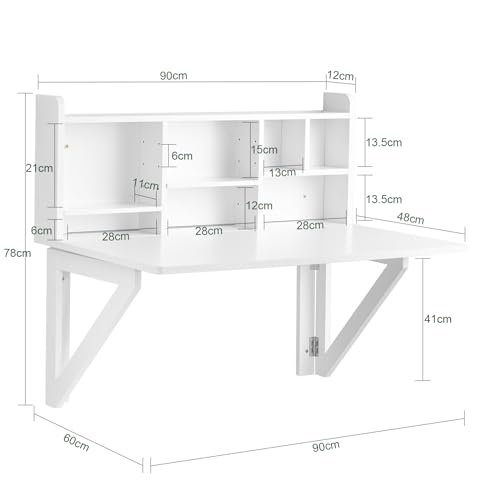 SoBuy FWT07-II-W Mesa Plegable de Pared con Estante Integrado Mesa de Escritorio Color Blanco Mesa de Ordenador 90 x 60 x 78 cm ES