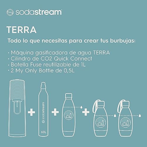 SodaStream Terra Pack - Máquina Gasificadora de Agua Color Negro, Incluye 1 Botella Fuse de 1L 2 Botellas Fuse de 0,5L y 1 Cilindro de Gas Color Rosa, Para Preparar Hasta 60L de Agua con Gas