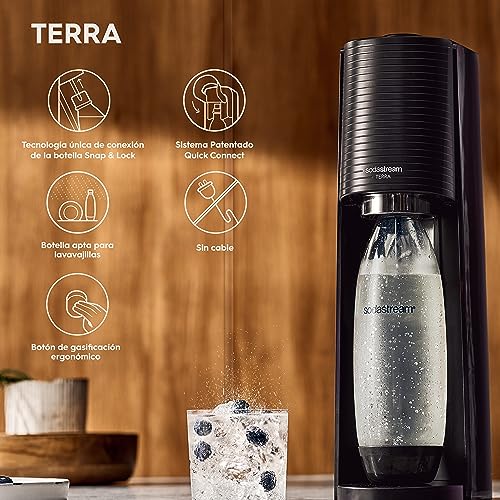 SodaStream Terra Pack - Máquina Gasificadora de Agua Color Negro, Incluye 1 Botella Fuse de 1L 2 Botellas Fuse de 0,5L y 1 Cilindro de Gas Color Rosa, Para Preparar Hasta 60L de Agua con Gas