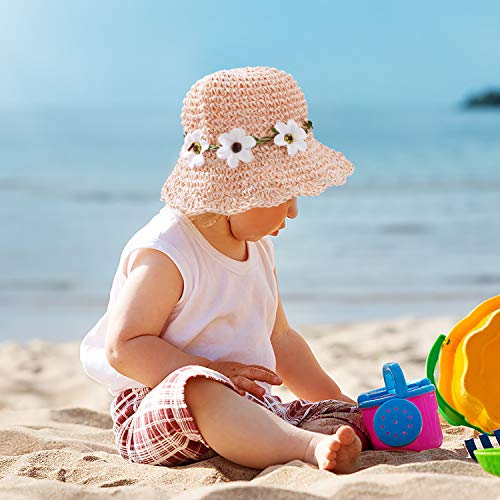 Sombrero de Paja Niñas Anti UV Gorra de Sol Chica de Playa con Flores para Viaje Beach Piscina al Aire Libre 50-52cm Rosa