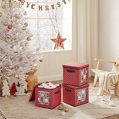 SONGMICS Cajas de Almacenamiento para Bolas de Navidad, Juego de 3 Cajas para Decoraciones Navideñas, 64 Compartimientos, Separadores Modulares, 30,5 x 30,5 x 30,5 cm, Rojo RFB029R01