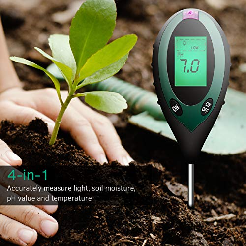 Sonkir Medidor de pH de Suelo, 4 en 1, medidor de Humedad/luz/pH/Temperatura del Suelo, Kits de Herramientas de jardinería para el Cuidado de Plantas, para jardín, césped, Batería incluida (Verde)
