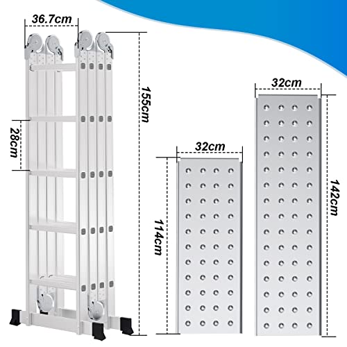 Sonnewelt Escalera Multiusos de Aluminio de 4 x 5 Niveles, Escalera multifunción de 5,8 m con Plataforma, Escalera con 2 Placas de andamio, Escalera de hasta 150 kg, Escalera Plegable de 20 peldaños