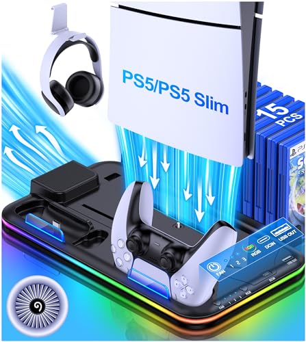 Soporte para PS5 Slim Console, PS5 Stand con 3 niveles de potente ventilador de enfriamiento rápido/estación de carga para controlador PS5/almacenamiento de 15 juegos, soporte PS5 para PS5 Slim Disc &