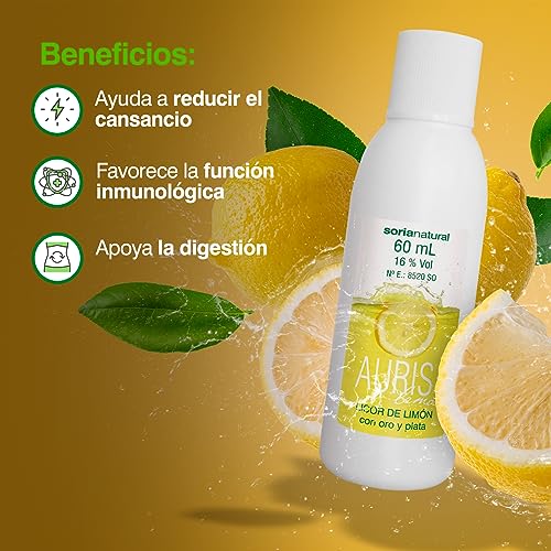 Soria Natural Auris Lemon - Bebida Espirituosa – con Oro y Plata – Energía y Vitalidad – Ayuda a Reducir el Cansancio – Favorece la Función Inmune – Función Digestiva - Botella de 60 ml
