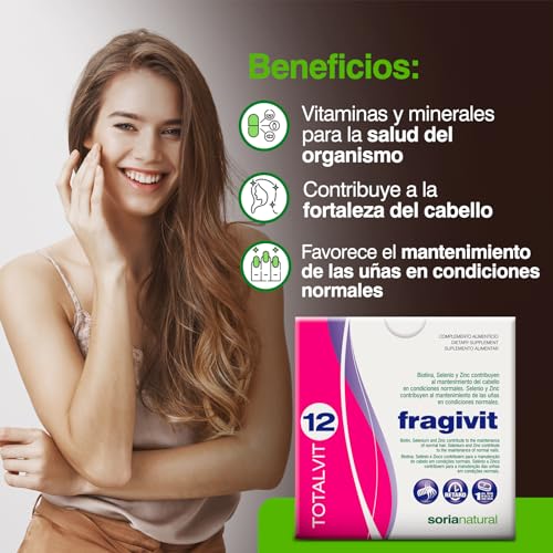 Soria Natural Totalvit 12 Fragivit – Recupera la fuerza en pelo y uñas - Con Biotina, Selenio y Zinc – Mantenimiento del Cabello y Uñas en Condiciones Normales - 28 comprimidos de 1.095 mg