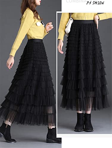 SotRong - Falda de tul para mujer, falda plisada de varias capas con cintura elástica, falda larga escalonada, tutú de malla, falda voluminosa de princesa para fiesta, A-negro, Talla única