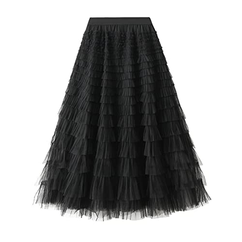 SotRong - Falda de tul para mujer, falda plisada de varias capas con cintura elástica, falda larga escalonada, tutú de malla, falda voluminosa de princesa para fiesta, A-negro, Talla única