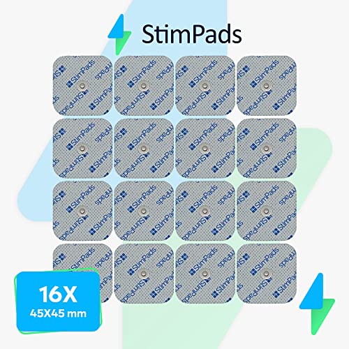 StimPads - 16 electrodos 45X45mm con conector snap 3,5mm - Excelente adherencia y conductividad - Electrodos TENS/EMS reutilizables de alta calidad, certificados como dispositivos médicos.