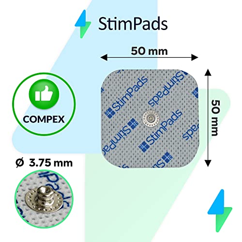 StimPads Electrodos EMS • Compatible con dispositivos Compex • 4 electrodos de repuesto 50 x 50 mm con 3,75 mm Easy Snap • Dispositivo médico certificado de Motron NV