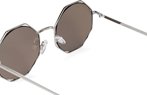 styleBREAKER Gafas de sol oversize para mujer con lentes redondas y montura octogonal, lentes de policarbonato, look hippie 09020134, color:Marco plateado/vidrio de espejo azul