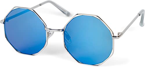 styleBREAKER Gafas de sol oversize para mujer con lentes redondas y montura octogonal, lentes de policarbonato, look hippie 09020134, color:Marco plateado/vidrio de espejo azul