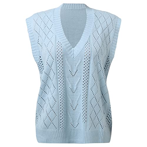 Suéter de Punto con Cuello en V de Color sólido Informal de otoño e Invierno para Mujer Chaleco de Punto sin Mangas (A-Blue, M)