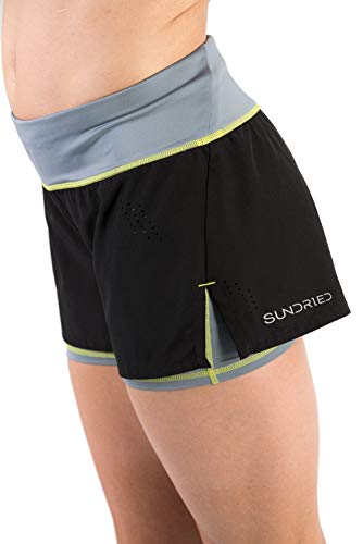 SUNDRIED Pantalones Cortos de Las Mujeres de Gimnasio Operando Fitness y Entrenamiento 2-en-1 Negro Short Shorts (Large)