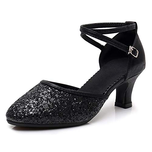 SWDZM Zapatos de Baile Latino para Mujer con Lentejuelas Salsa Zapatos de Salón de Baile,Talón-5CM,Negro,37EU