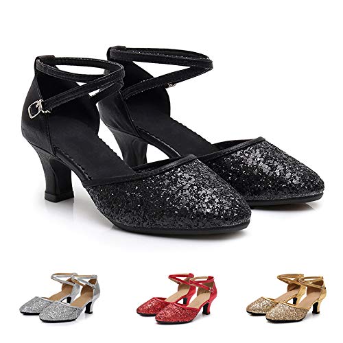 SWDZM Zapatos de Baile Latino para Mujer con Lentejuelas Salsa Zapatos de Salón de Baile,Talón-5CM,Negro,37EU