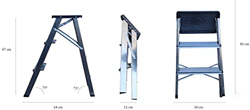 Taburete Plegable Escalera Aluminio 3 peldaños de Tijera Super Resistente hasta 150Kg Acero y alumino Antideslizante Altura de Trabajo hasta 245cm (3 Peldaños)