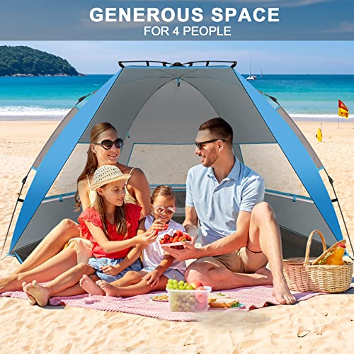 TAGVO Tienda de Playa, Impermeable Portátil Toldo de Playa para 3-4 Personas, Protección Solar UPF 50+ Respirable Carpa para Camping