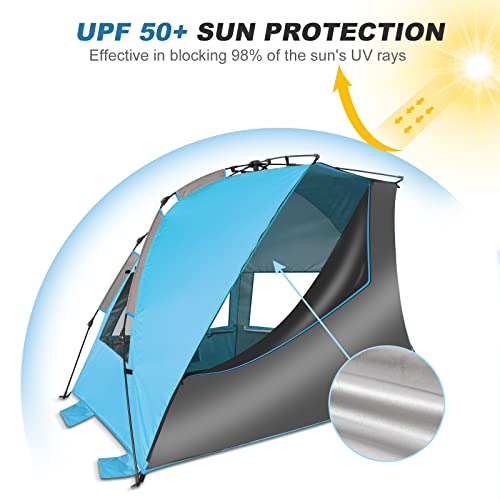 TAGVO Tienda de Playa, Impermeable Portátil Toldo de Playa para 3-4 Personas, Protección Solar UPF 50+ Respirable Carpa para Camping