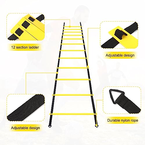 talifoca Accesorios de Entrenamiento de fútbol Agility Ladder 6 M-12 peldaños, Escalera de Entrenamiento de fútbol Escalera de coordinación con 12 Conos y 4 estacas para Entrenamiento