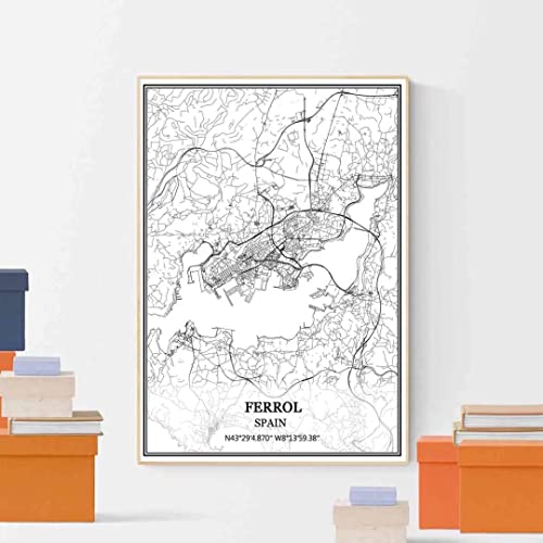 TANOKCRS Ferrol España Mapa de pared arte lienzo impresión cartel obra de arte sin marco moderno mapa en blanco y negro recuerdo regalo decoración del hogar -11x14 inches