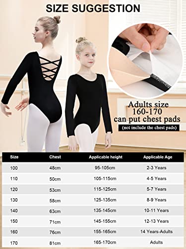 tanzdunsje Maillot de ballet Maillot de baile para niñas mujeres Leotardos de gimnasia de algodón de manga larga talla 100-170,negro 170