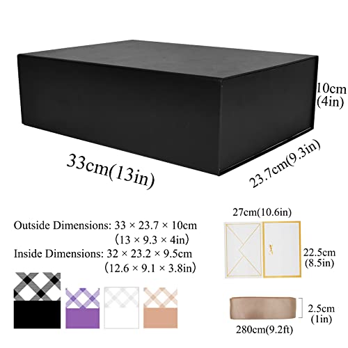 Tekhoho Caja de Regalos Grande Negro 33x23,7x10 cm, Caja de Regalos Premium con Tapa MagnéTica y Cinta para Embalaje de Regalos de Bodas y CumpleañOs, Forro a Cuadros