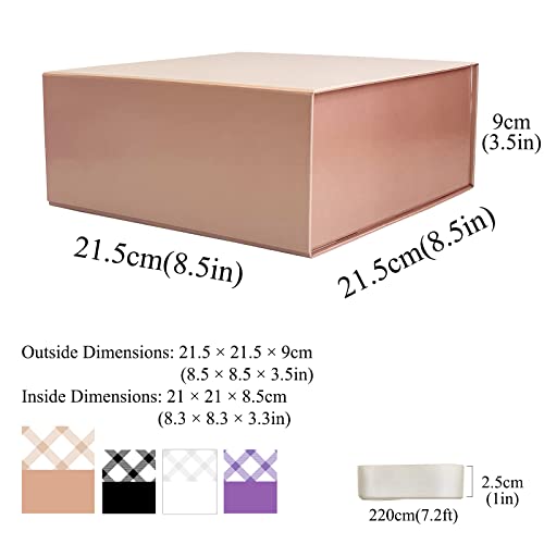 Tekhoho Caja de Regalos Pequeña Oro Rosa 21,5x21,5x9 cm, Caja de Regalos Premium con Tapa MagnéTica y Cinta para Embalaje de Regalos de Bodas y CumpleañOs, Forro a Cuadros