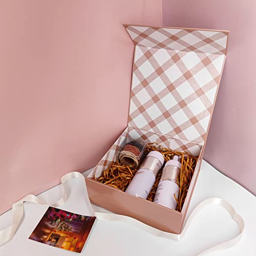 Tekhoho Caja de Regalos Pequeña Oro Rosa 21,5x21,5x9 cm, Caja de Regalos Premium con Tapa MagnéTica y Cinta para Embalaje de Regalos de Bodas y CumpleañOs, Forro a Cuadros