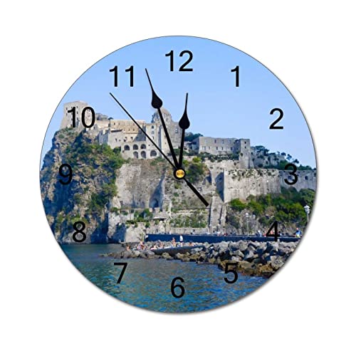 Tenemos Reloj de pared redondo moderno con diseño de castillo aragonés, Isquia, Nápoles, Italia, mar, silencioso, sin tictac, para cocina, oficina, reloj colgante retro, 10 pulgadas