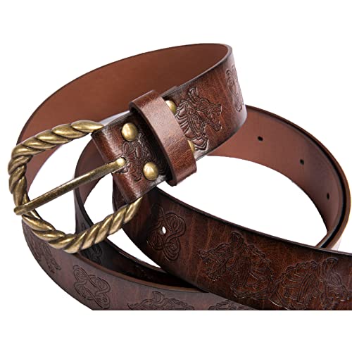 Thajaling Cinturón medieval de piel sintética, cinturón de caballero renacentista, cinturones en relieve con patrón de dragón vikingo, Accesorios de disfraces de cosplay vintage para hombres (marrón)