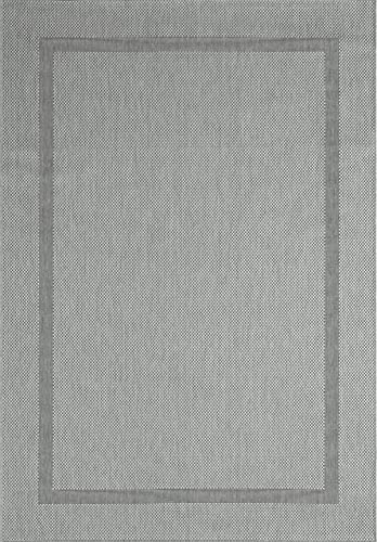 the carpet Mistra - Robusta Alfombra de Exterior, Moderna, Resistente a la Intemperie y a los Rayos UV, para el balcón, la terraza o la Cocina, de Tejido Plano, Borde Gris, 80 x 150 cm