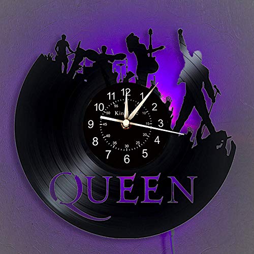 The Queen Rock Music Band Reloj de pared de vinilo LED 7 colores lámpara de noche retro reloj de pared sala de estar cocina regalos únicos hechos a mano decoración de pared del hogar (con luz)