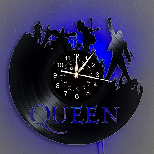 The Queen Rock Music Band Reloj de pared de vinilo LED 7 colores lámpara de noche retro reloj de pared sala de estar cocina regalos únicos hechos a mano decoración de pared del hogar (con luz)