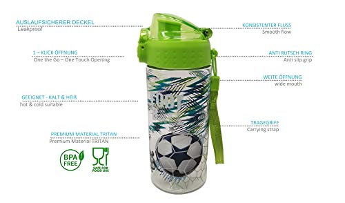Theonoi Botella de agua a prueba de fugas para niños, irrompible, ligera, de Tritan sin BPA, 500 ml, para escuela, guardería, deportes (fútbol)
