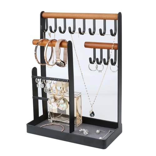 Thrarise Expositor de joyas con bandeja, para guardar collares, pulseras, anillos, relojes, joyas de todo tipo, soporte de hierro y barras de madera, color negro