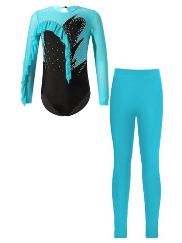 TiaoBug Leotardo de Gimnasia Rítmica para Niñas Leggings Pantalones larga de Deportivos Body de Ballet Clásica Ropa lentejuelas de Baile Y Azul verde 7-8 años