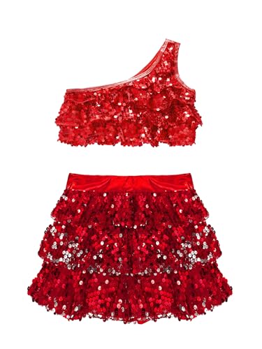 TiaoBug Vestido Lentejuelas de Danza para Niña Maillot Elástico de Patinaje Artístico Vestidos de Baile de Salón Danza Contemporáneo Jazz Vestido Brillante F Rojo 7-8 años