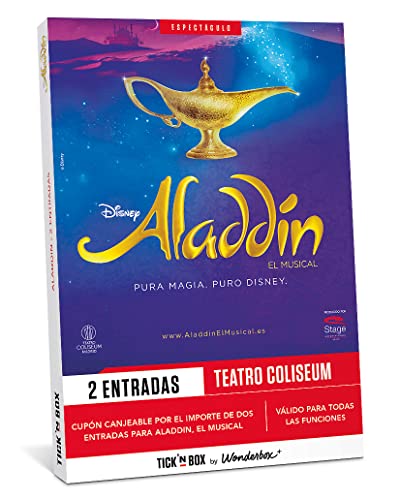 Tick&Box Caja Regalo, Disney Aladdin el Musical, 1 Entrada para 2 Personas, Todo lo Que deseas Encontrar en un Musical Hecho Realidad, Regalos Originales para Mujer, Válido por 2 años