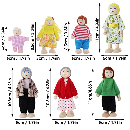 TIESOME Figuras Familiares de casa de muñecas, 7 Unidades de Madera casa de muñecas Familia Personas Mini muñecas Familiares Ajustables Figuras de Juego de rol Figuras Miniatura Accesorios (C)