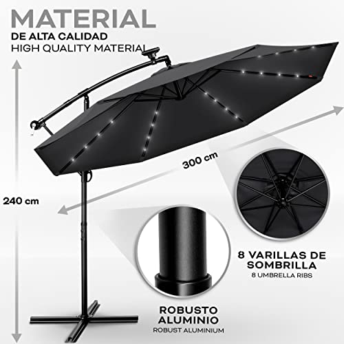 tillvex 300 cm Sombrilla Excentrico con 32 Luces LED Solar | Parasol para Terraza Jardín Balcón Patio | con Manivela y Base en Cruz, giratorio 360º, Protección UV